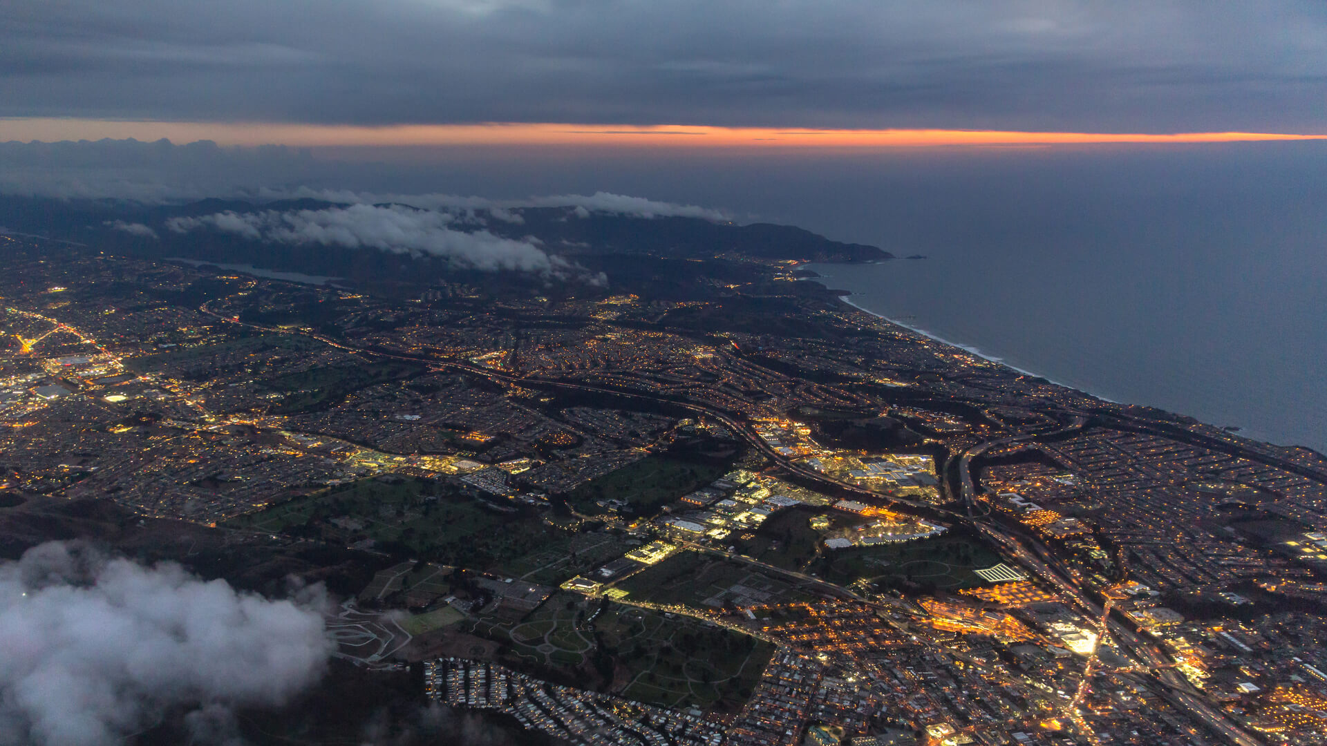 Bay Area aerial shot at dusk